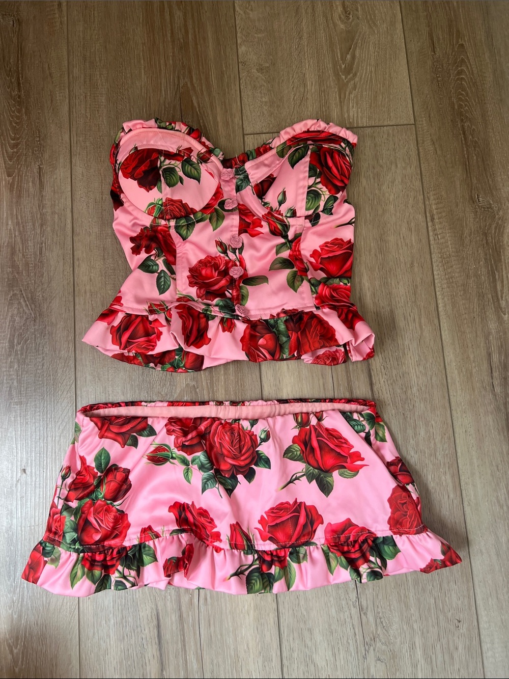 Pink Rose-Print Bandeau Set with Ruffle Hem